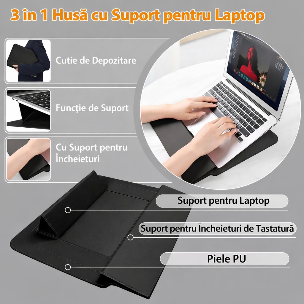 Husa Laptop 15-16 inch compatibila cu MacBook Air, Design 3-in-1 cu Suport Ergonomic si Borseta Accesorii, Piele Ecologica, Inchidere Magnetica Marime Universala, Negru titan