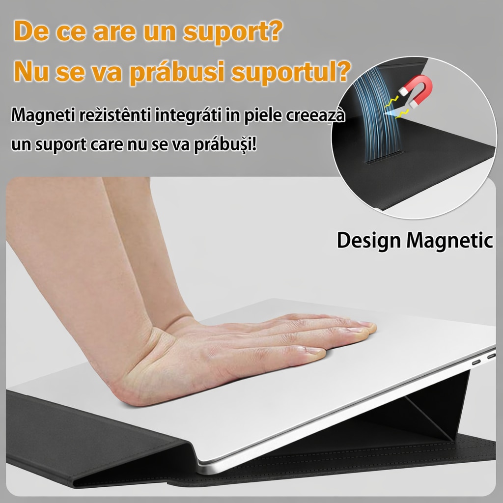 Husa Laptop 15-16 inch compatibila cu MacBook Air, Design 3-in-1 cu Suport Ergonomic si Borseta Accesorii, Piele Ecologica, Inchidere Magnetica Marime Universala, Negru titan