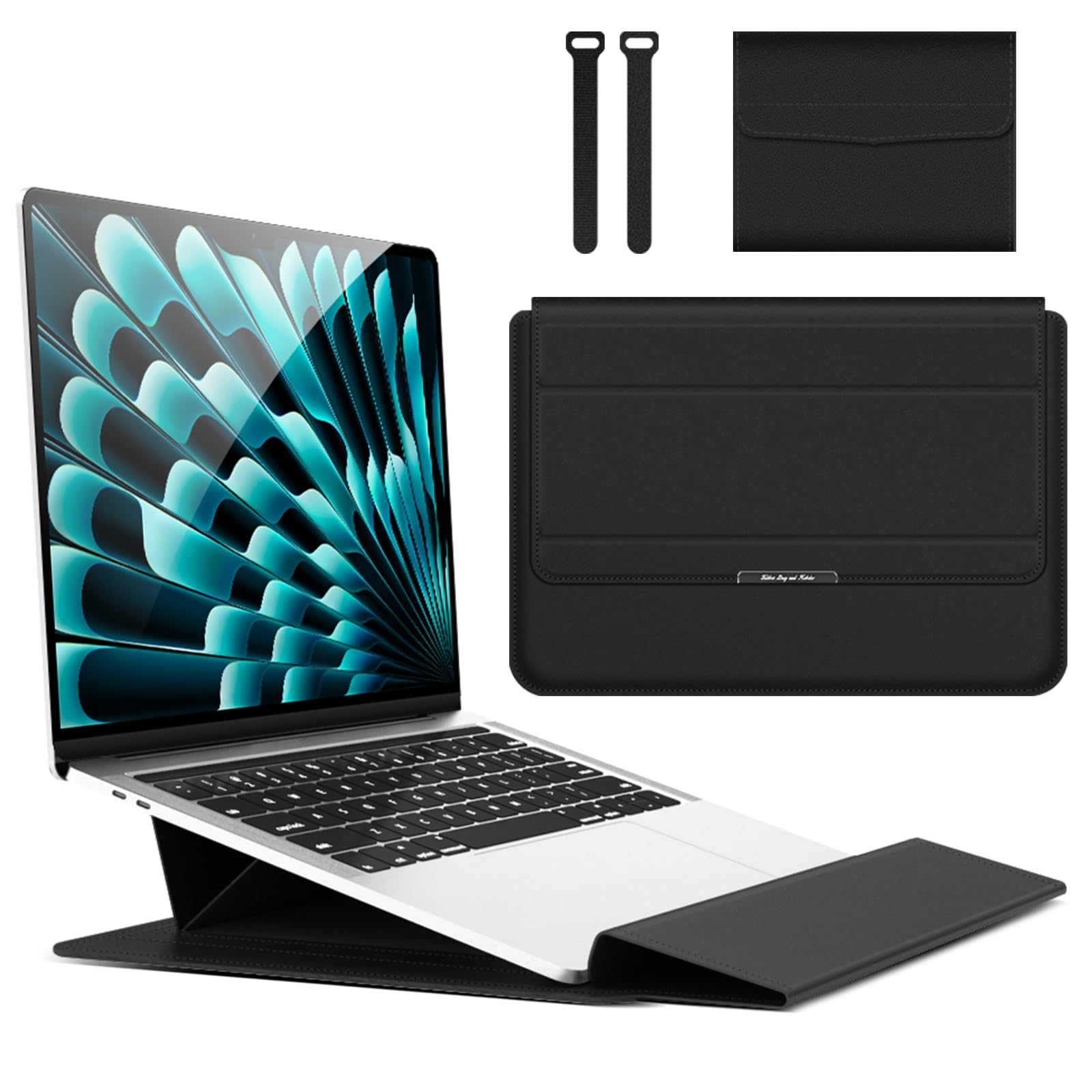 Husa Laptop 15-16 inch compatibila cu MacBook Air, Design 3-in-1 cu Suport Ergonomic si Borseta Accesorii, Piele Ecologica, Inchidere Magnetica Marime Universala, Negru titan