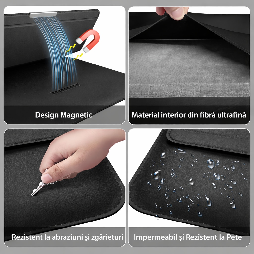 Husa Laptop 15-16 inch compatibila cu MacBook Air, Design 3-in-1 cu Suport Ergonomic si Borseta Accesorii, Piele Ecologica, Inchidere Magnetica Marime Universala, Negru titan