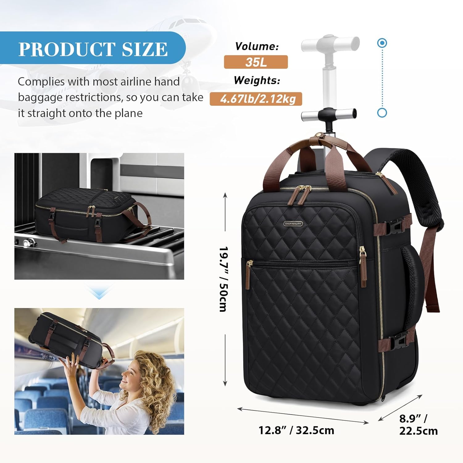 Rucsac cu roți GOLF QUALITY pentru laptop 17 inch, compartiment mare, rezistent la apă, 35L