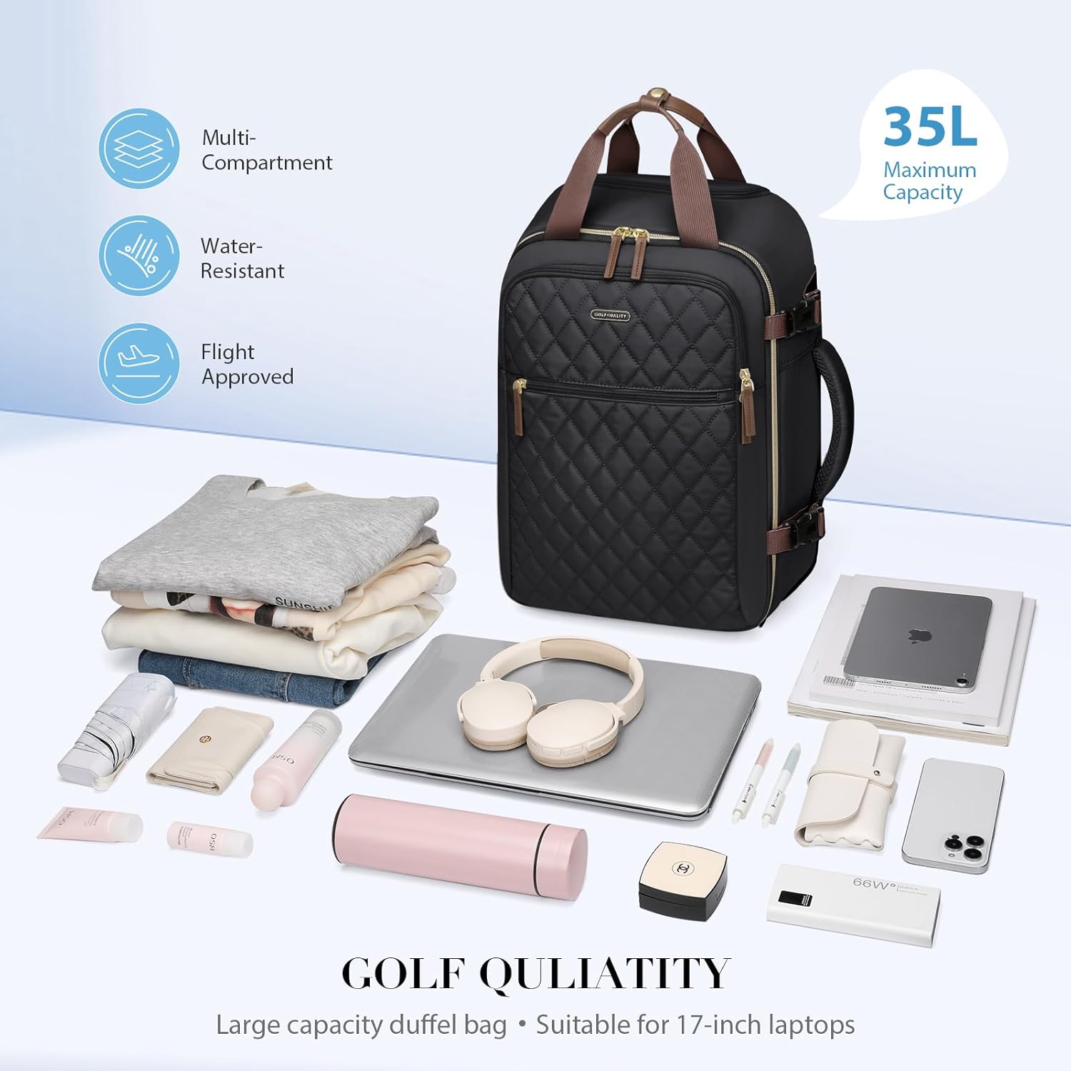 Rucsac cu roți GOLF QUALITY pentru laptop 17 inch, compartiment mare, rezistent la apă, 35L