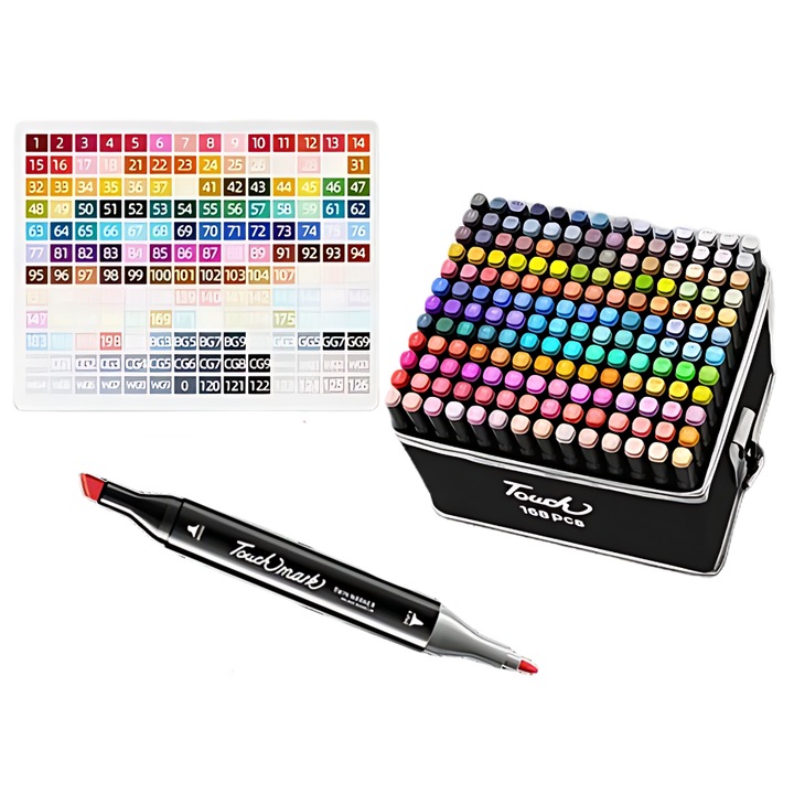 Set Markere Alcoholice 168 Culori, 2 Capete, Wodoszczelne, cu Etui