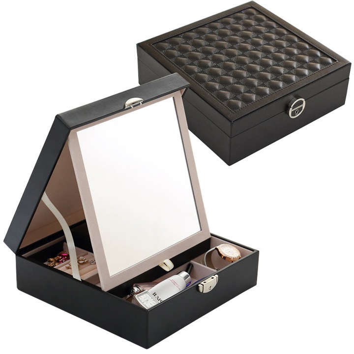 Cutie bijuterii LELANI Premium, neagra, 25,3x25,3x8,5cm, cu oglinda, inchidere cu cheie