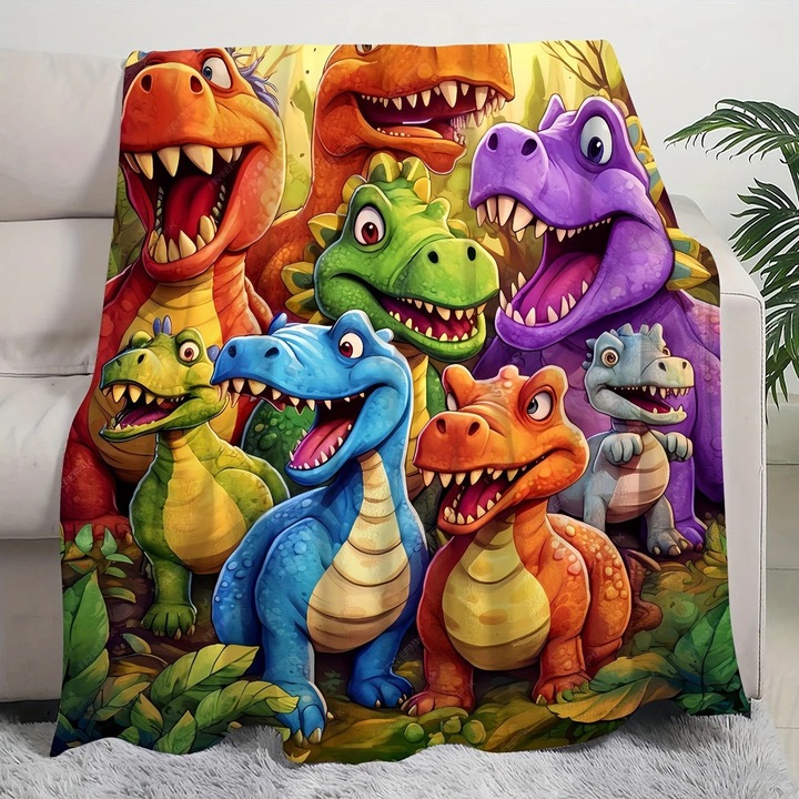 Patura, flanel, design cu dinozauri, 150x130 cm, pentru copii, multicolor