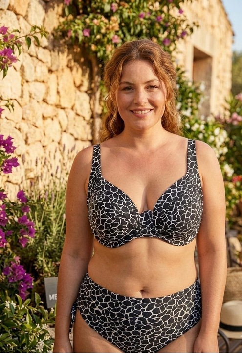 Costum de Baie din Doua Piese, Talie Inalta si Sutien cu Sustinere, Imprimeu Geometric Alb-Negru 14736, Negru