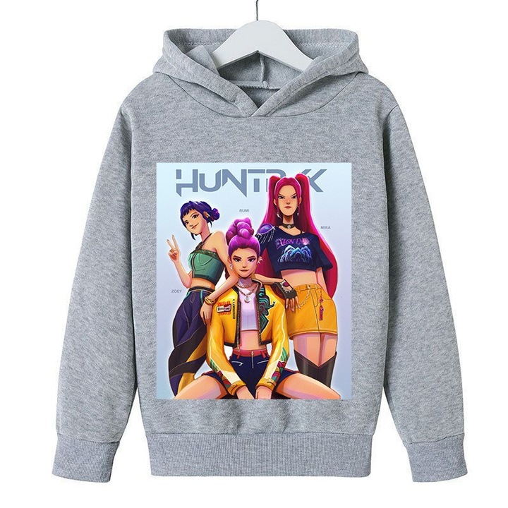 Детски суичър, щампа Kpop Demon Hunters, сив, полар