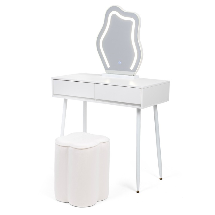 Козметична тоалетка, комплект с огледало и табуретка, 80 см, бяла