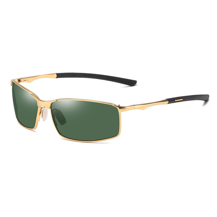 Sunglasses Polarized (559) - for Men, with UV Protection and Metal Frame, Rectangular - Gold / Green