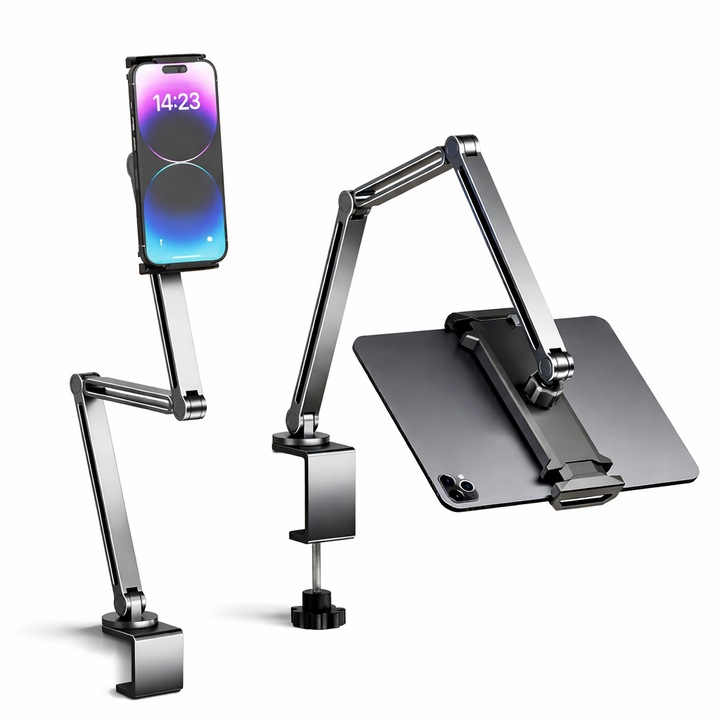 Suport universal premium din metal pentru telefon si tableta STEP OUT®, Brat flexibil telescopic ajustabil, Rotatie 360°, Utilizare birou, Pat, Canapea, Compatibil 6–12.9 Inch, Gri