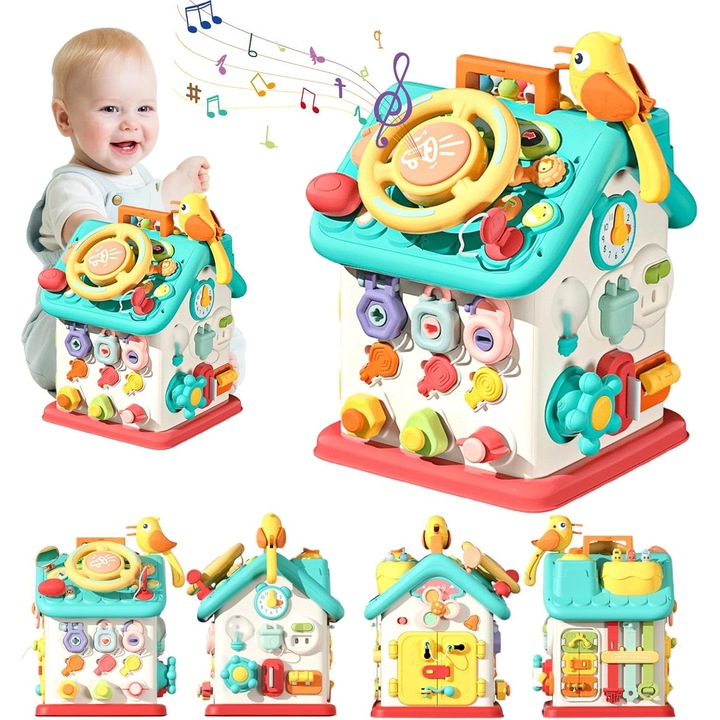 Casuta interactiva educativa Pitikot, jucarie Montessori STEM, 16 activitati senzoriale, lumini si sunete, 35x25x25cm