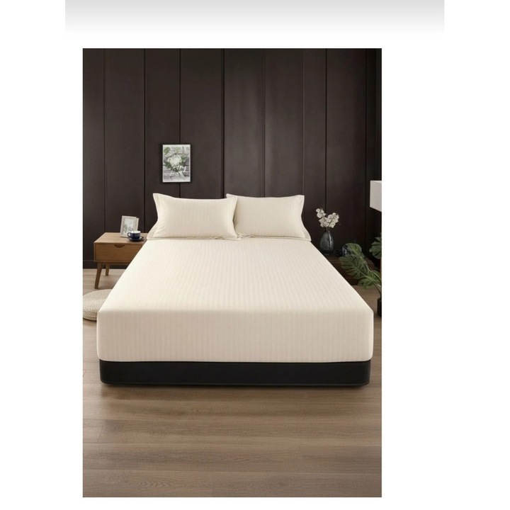 Cuvertură de pat cu elastic MASHASHOP, bej deschis, 180x200 cm, 2 fețe de pernă