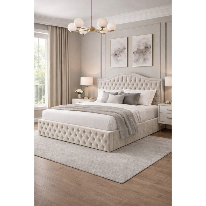 Pat matrimonial Ultra, 150x190, crem oat, cu somiera rabatabila inclusa