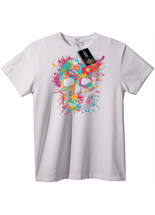 Póló színes koponya mintával, Fehér
