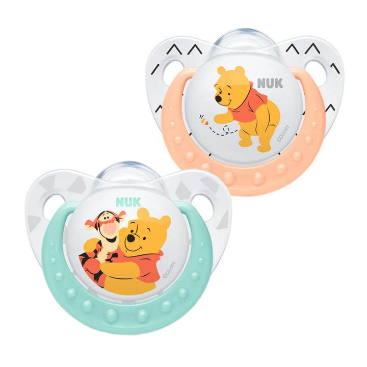Комплект залъгалки NUK Disney Мечо Пух 228620248 8865-44, Силиконови, 0-6 м, 2 броя, Многоцветен