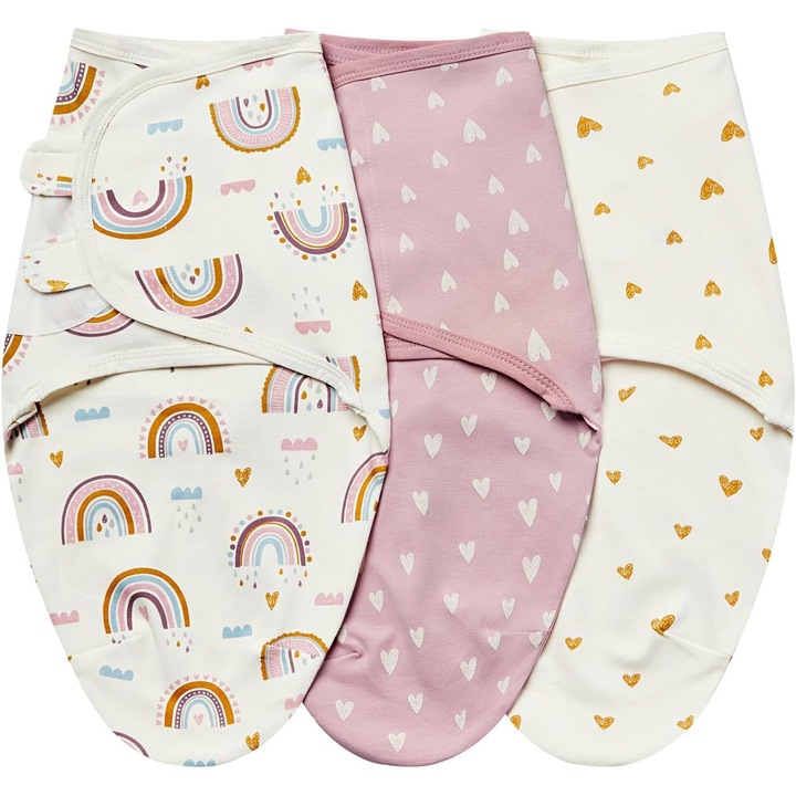 Set 3 paturi de înfășat reglabil, PRESOMA, 100% bumbac, Alb/Roz, 0-3 luni, 65cm
