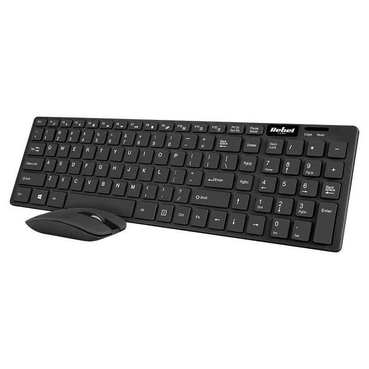 Kit tastatură și mouse wireless REBEL, compact, negru, 101 taste, 1200 DPI