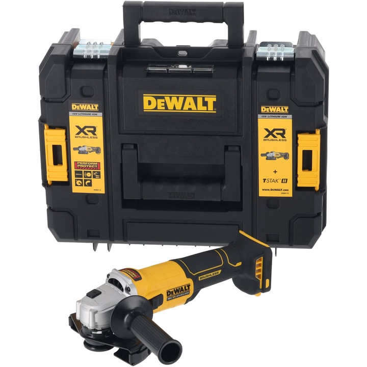 Polizor unghiular (flex) pe acumulator DeWALT DCG407NT, 18V XR, brushless, 9000 RPM, diametru disc 125mm, M14, frana si ambreiaj electronice, profil ingust, deflector de praf protectie motor, cutie transport TSTAK, nu include incarcator/acumulatori