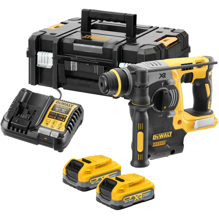 Ciocan rotopercutor pe acumulator SDS-Plus DeWALT DCH273S2T, 18V XR, motor fara perii, 1100 RPM, 4600 PPM, 2.1 J energie impact, 2x acumulator Li-Ion 3.5 Ah POWERSTACK, iluminare LED, incarcator si cutie transport TSTAK, Made in CZ