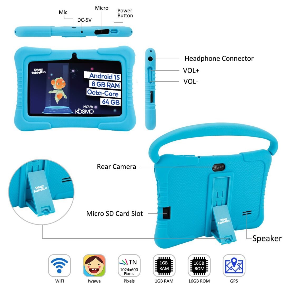 Tabletă SMART TabbyBoo Kosmo NOVA, 7", 64GB, 8GB RAM, albastru, cu control parental, Wi-Fi