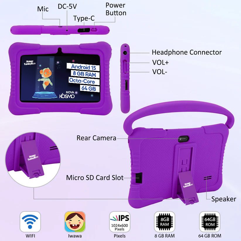 Tabletă SMART TabbyBoo Kosmo NOVA, 7", 64GB, 8GB RAM, mov, cu control parental, husa silicon