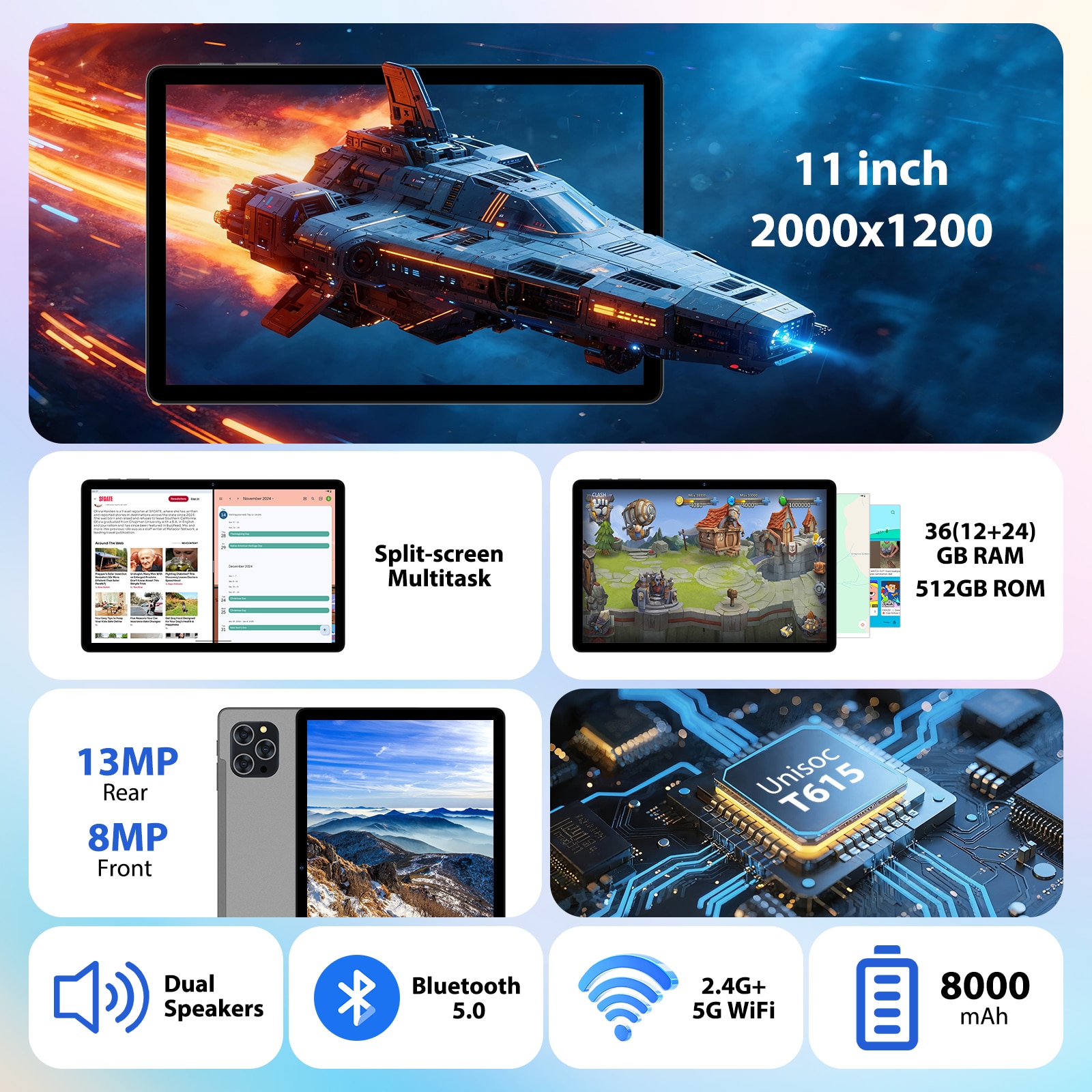 Tableta 11" BEYNIVAN 2000*1200 2K, Octa-Core, 36(12+24)GB RAM, 512GB ROM, Android 16, 4G LTE/SIM/5GHz WIFI, Widevine L1, 13MP+8MP, 8000mAh, Gri