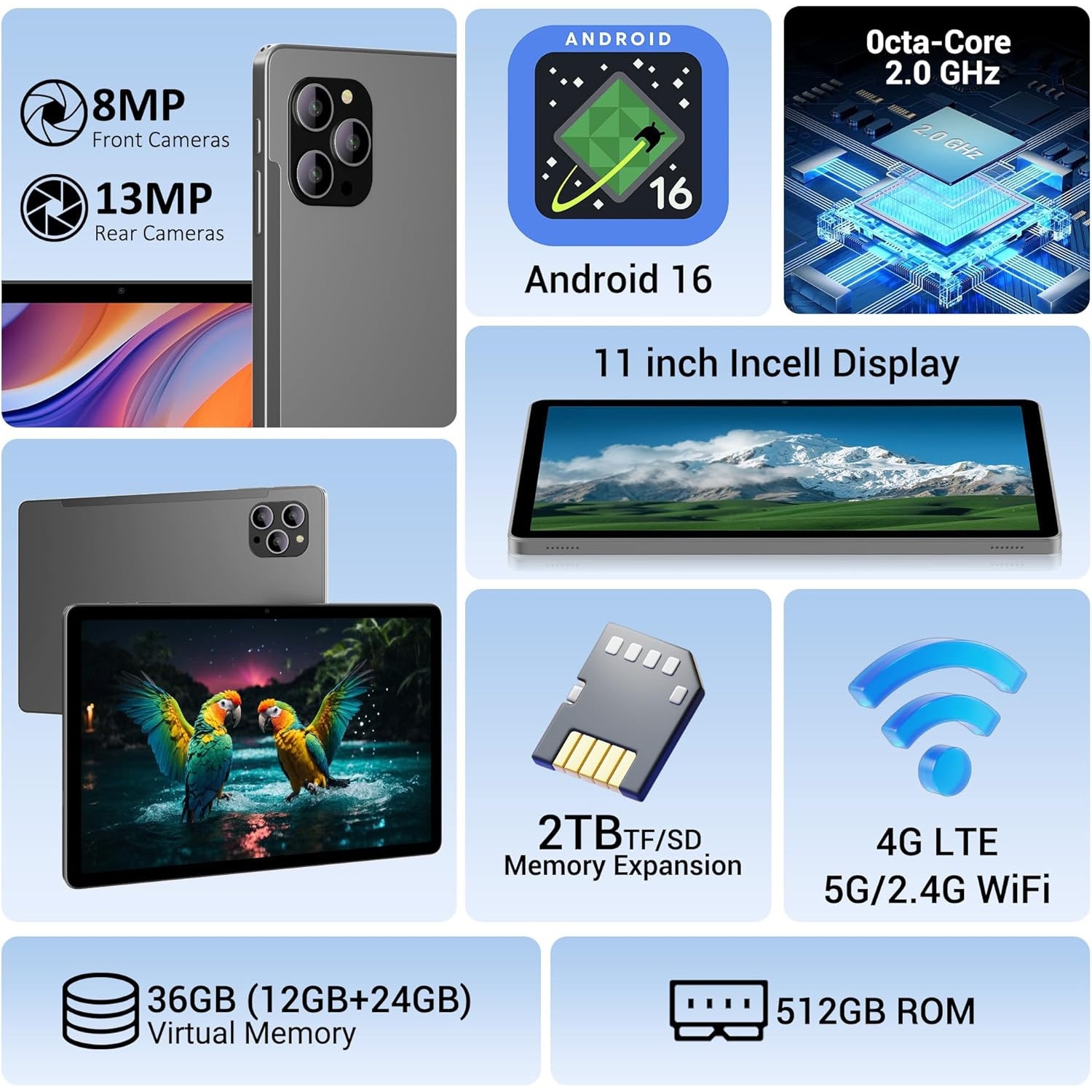 Tableta 11" BEYNIVAN 2000*1200 2K, Octa-Core, 36(12+24)GB RAM, 512GB ROM, Android 16, 4G LTE/SIM/5GHz WIFI, Widevine L1, 13MP+8MP, 8000mAh, Gri