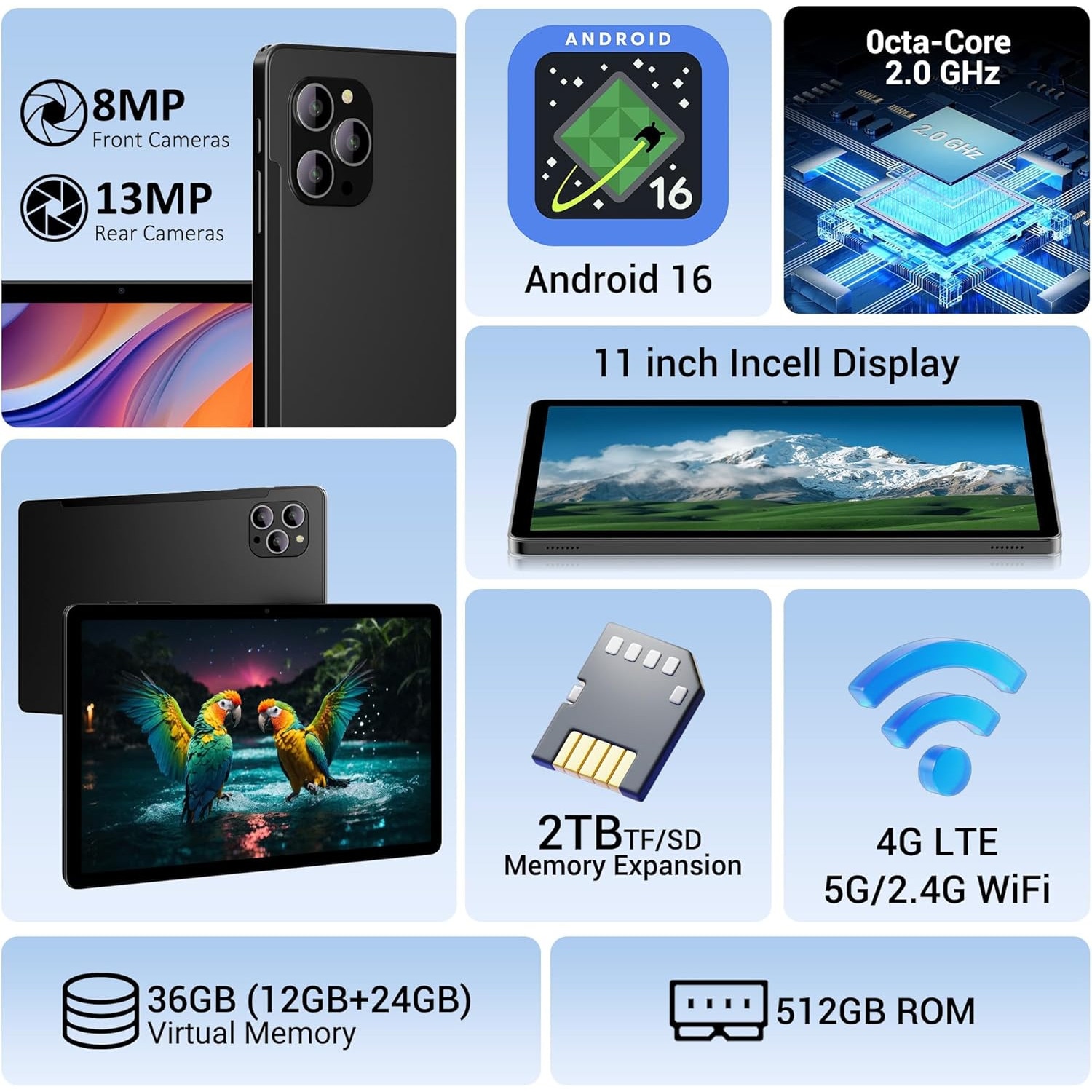 Tableta 11" BEYNIVAN 2000*1200 2K, Octa-Core, 36(12+24)GB RAM, 512GB ROM, Android 16, 4G LTE/SIM/5GHz WIFI, Widevine L1, 13MP+8MP, 8000mAh, Negru