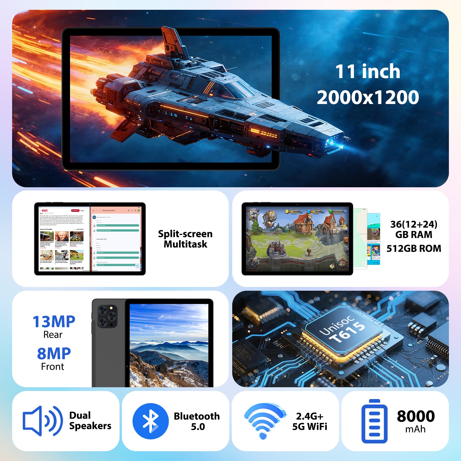 Tableta 11" BEYNIVAN 2000*1200 2K, Octa-Core, 36(12+24)GB RAM, 512GB ROM, Android 16, 4G LTE/SIM/5GHz WIFI, Widevine L1, 13MP+8MP, 8000mAh, Negru