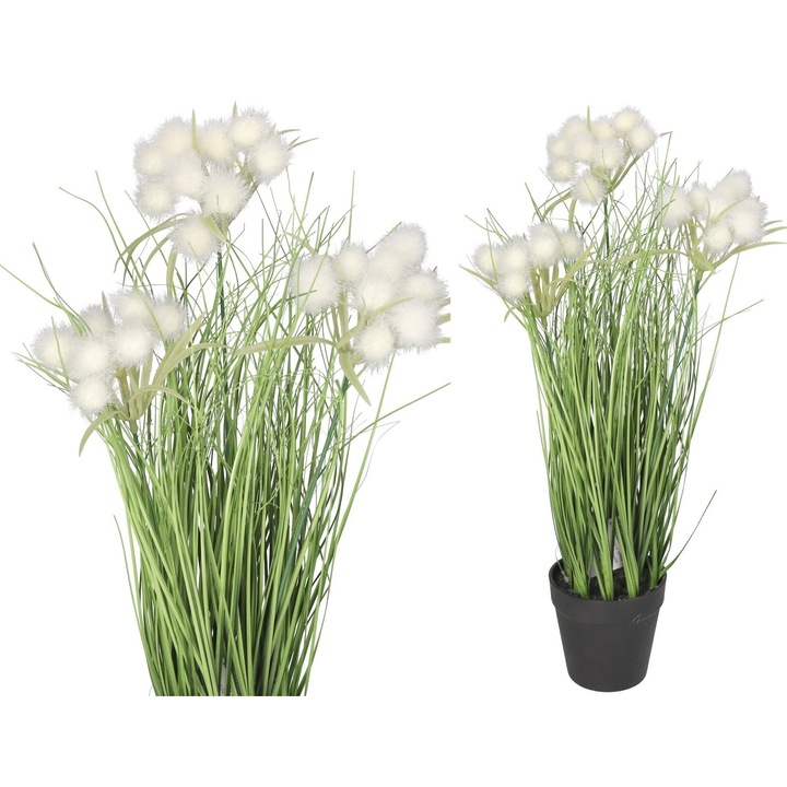 Műnövény, DEKO, fű cserépben, 45cm, 9,2x9cm, zöld krémszínű árnyalattal