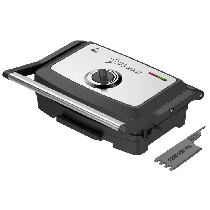 Sandwich-maker Grill Panini STARCREST SGR-2516BX, 1600 W, Placi grill cu invelis ceramic, Temperatura ajustabila, Suprafata de gatire 25.5 x 15.5 cm, Spatula curatare, Negru/Inox