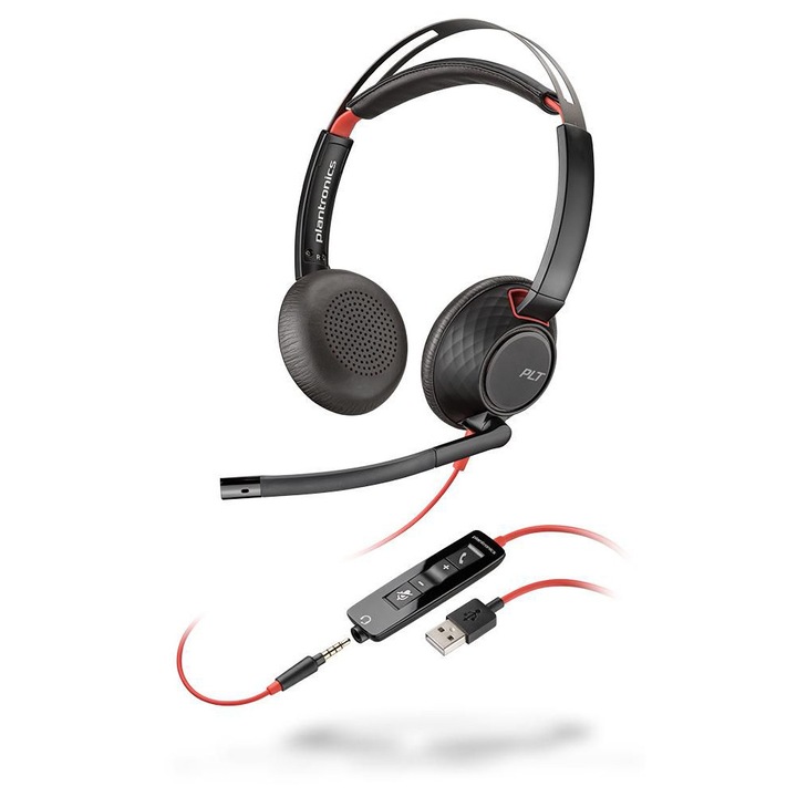 Слушалки за компютър Plantronics Poly BLACKWIRE 5220, бинаурални, черни, червени, USB-A