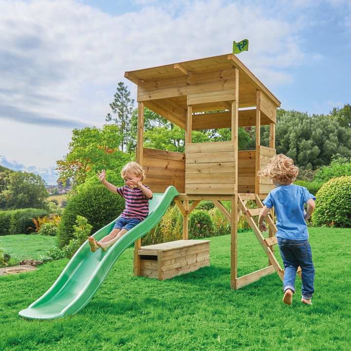 Complex de joaca TP Toys Treetops, lemn tratat, tobogan 1, 8m, dimensiuni 241x167cm, inaltime 205cm