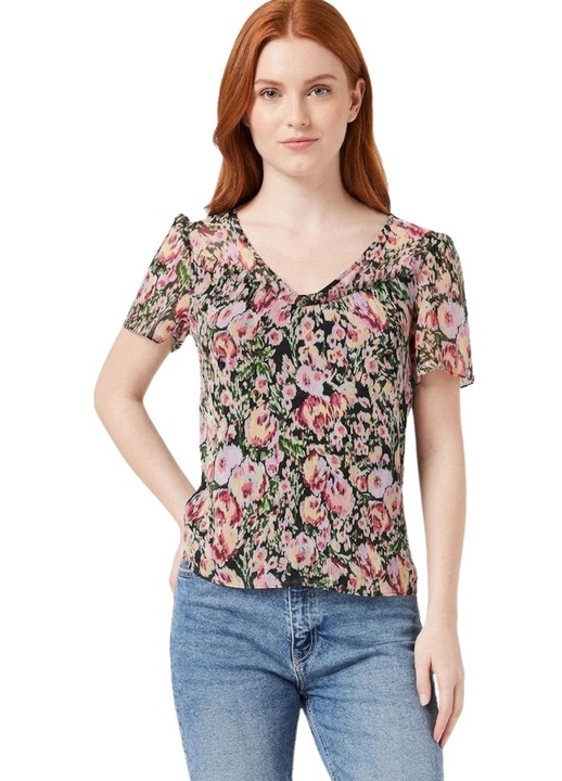 Bluza dama Naf Naf, lejera, cu flori, neagra, vaporoasa, L INTL