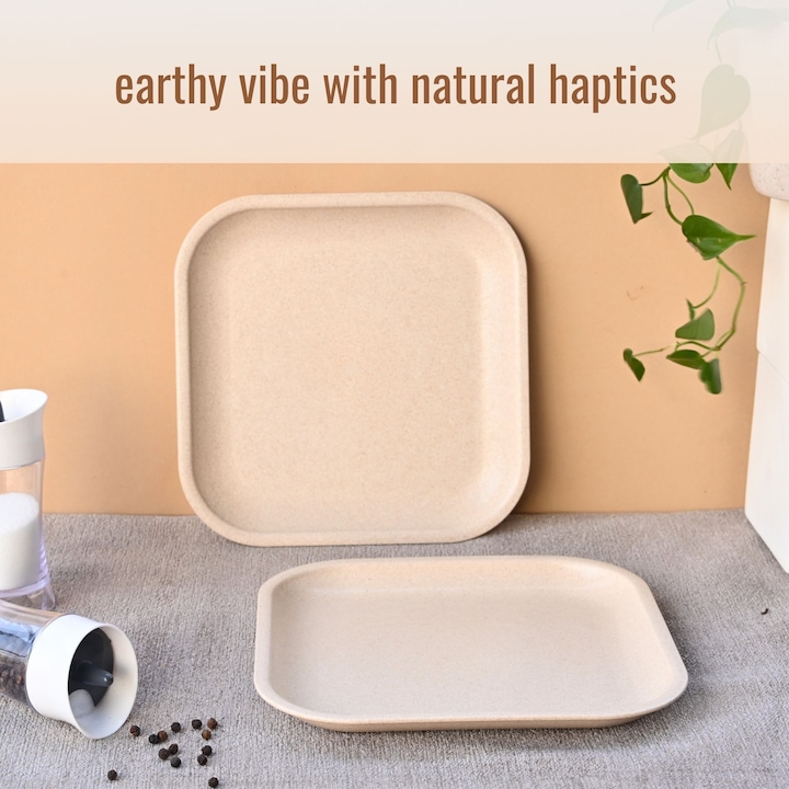 REuse Farfurie Patrata Reutilizabila 8 inch, 1 bucata, Fabricata din coaja de cafea, Sand Castle White