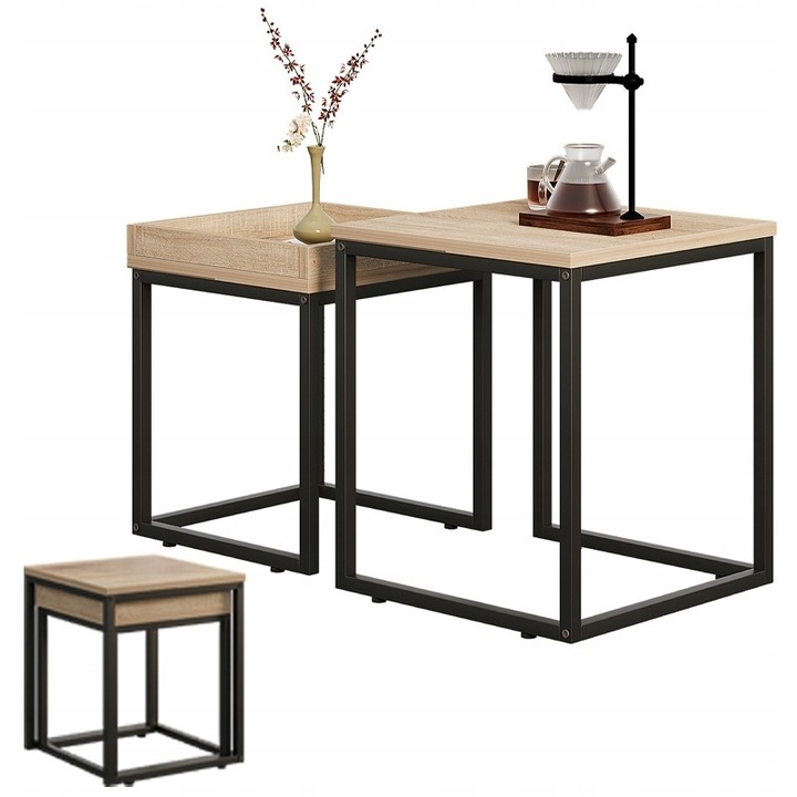 Masa de cafea 2 in 1, Masa de cafea, Set masute de cafea, Loft, Industrial, Maro deschis, MUVU