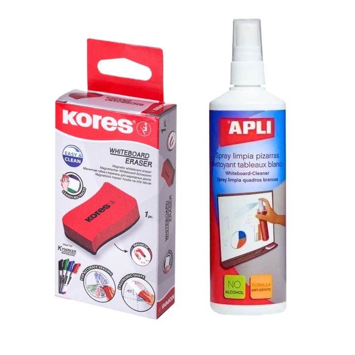 Set Intretinere Whiteboard, Apli, Burete Magnetic Kores Ergonomic, Spray Curatare Fara Alcool 250ml, Efect Antistatic, 2 bucati