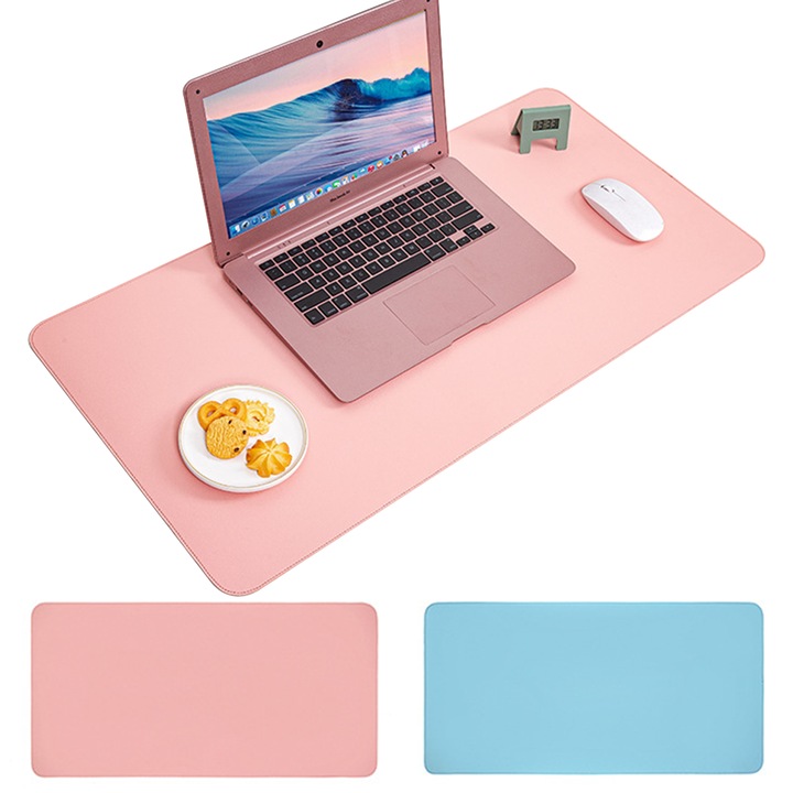 Mousepad XL profesional gaming si birou, Omelivon®，80x40 cm, piele eco PU, impermeabil, cusaturi laterale, antiderapant, rezistent la uzura, Design dublu fata， doua culori: roz + albastru