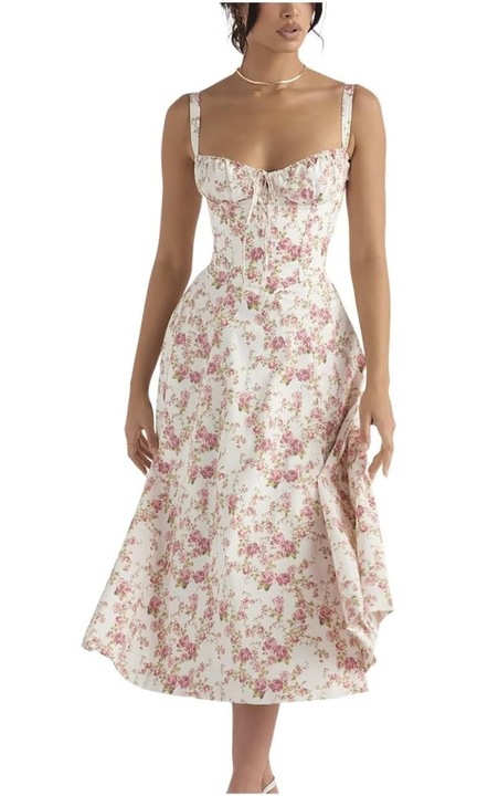 Rochie Midi Eleganta cu Corset Structurat, Bretele Subtiri si Bust Delicat – Stil Vintage, Femininitate si Rafinamet pentru Evenimente Formale si Sarbatori, Alba cu Trandafiri Roz, Marimea M