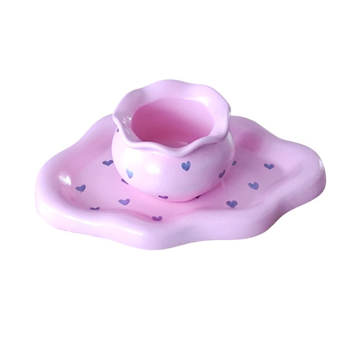 Set decorativ roz pastel cu inimioare mov, pictat manual