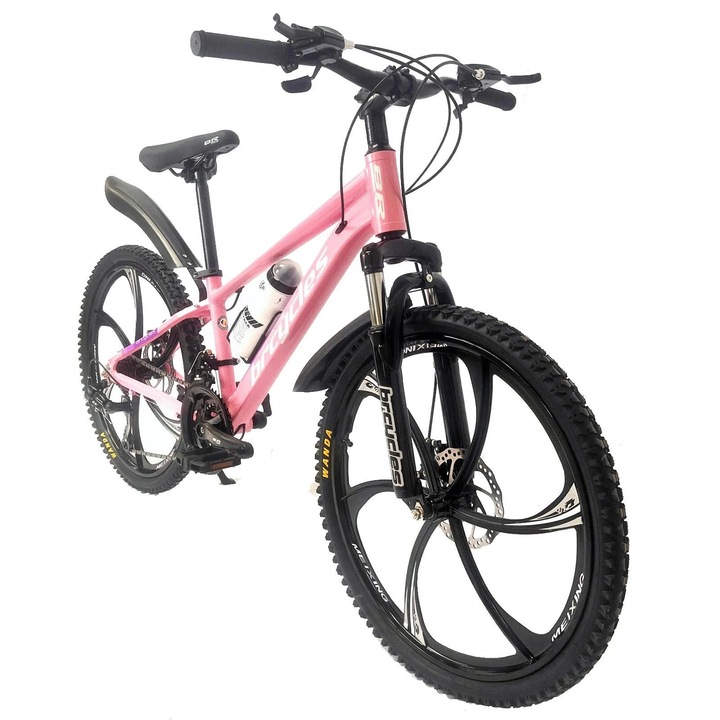 Bicicleta MTB 24″ BR Tornado, cadru Aluminiu, 21 viteze, Roti magnesium cu Shimano, Roz