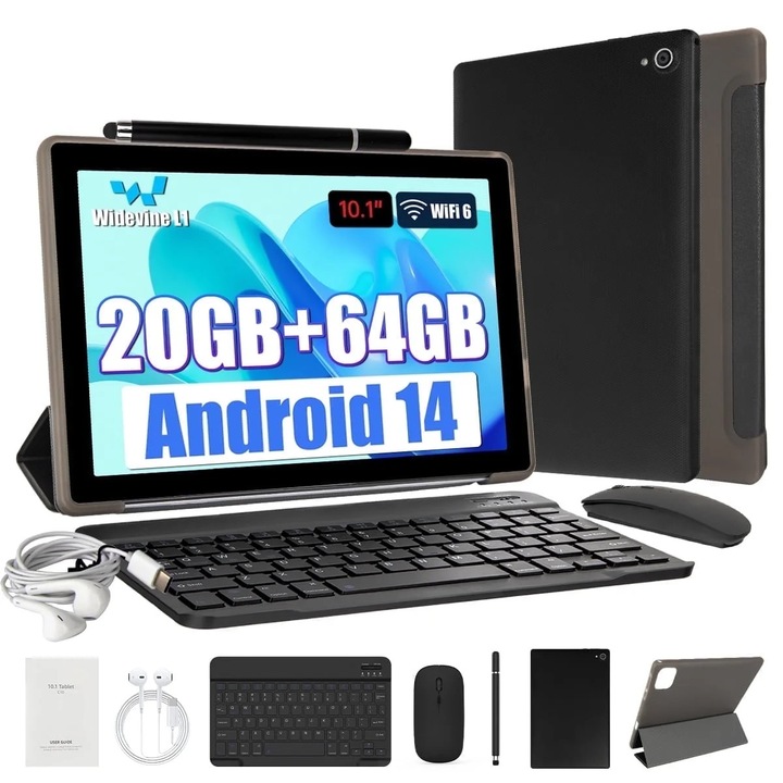 Tableta AEEZO 10.1 inch, 20GB RAM, 64GB ROM, 1TB extensibil, camera 5MP + 8MP, neagra, set cu tastatura