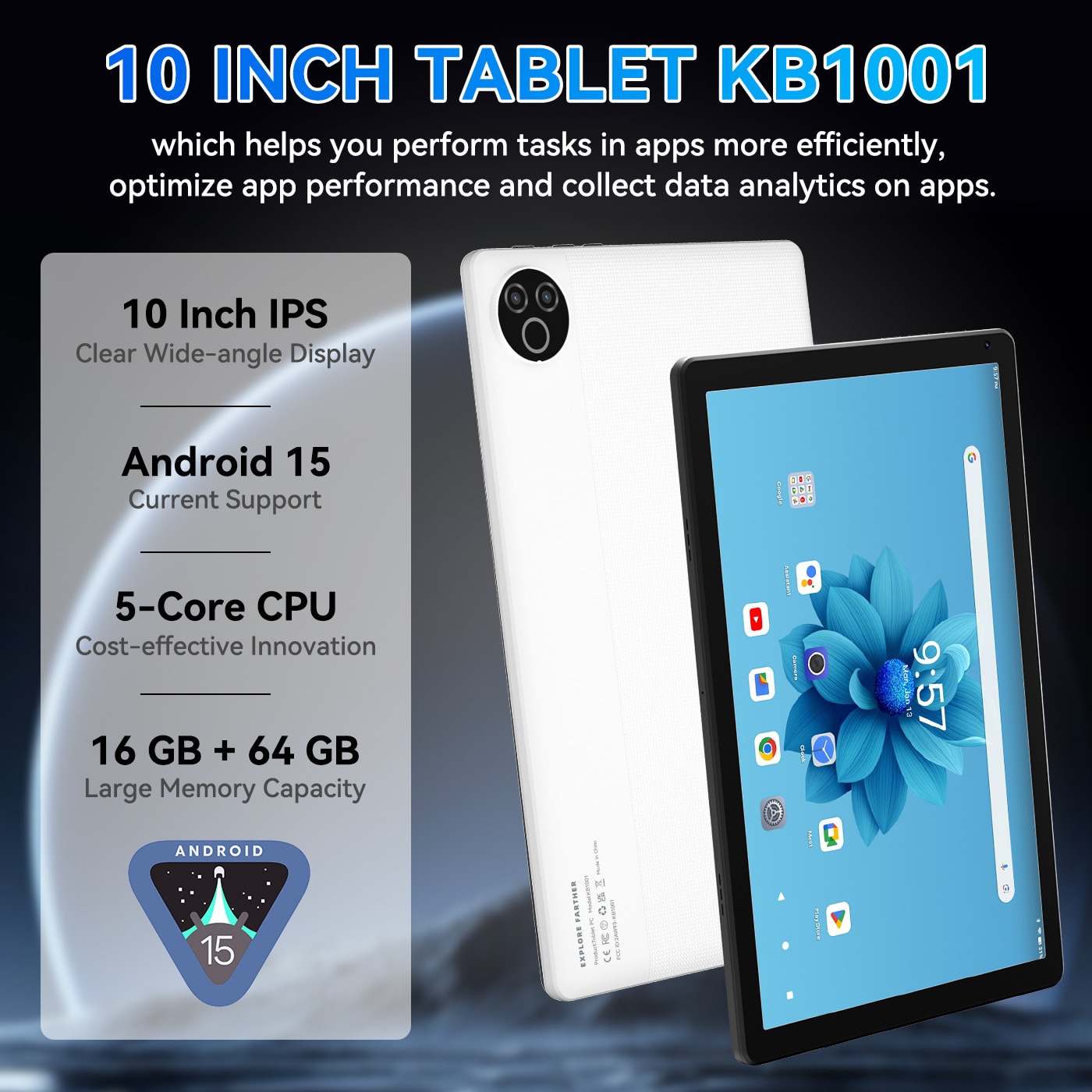 Tableta wqplo KB1001, 10.4 inch, Procesor 5 nuclee, Android 15, 20GB RAM + 64GB ROM (extensibil 1TB), Ecran HD 800x1280, 5G WiFi, Bluetooth 5.4, 5000mAh, camera duala, Type-C, GMS, Negru/alb