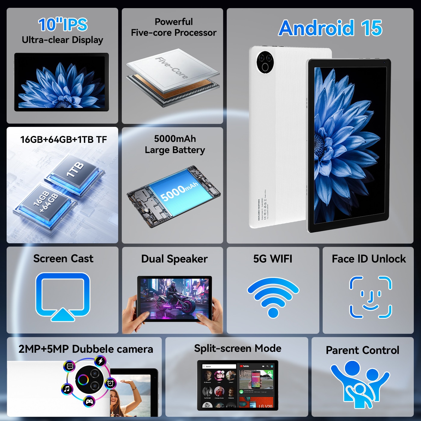 Tableta wqplo KB1001, 10.4 inch, Procesor 5 nuclee, Android 15, 20GB RAM + 64GB ROM (extensibil 1TB), Ecran HD 800x1280, 5G WiFi, Bluetooth 5.4, 5000mAh, camera duala, Type-C, GMS, Negru/alb