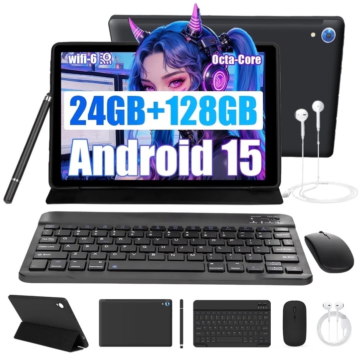 Tableta AEEZO C108, 10 inch, 24GB RAM, 128GB, Wi-Fi 6, camera duala, negru, set tastatura si mouse
