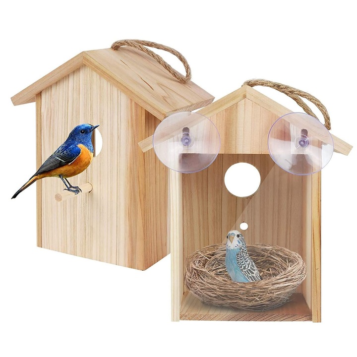 Casuta de pasari din lemn, AFKSMILE, Cuib de pasari decorativa, Casa pentru papagali, Ventuza puternica, Pasari demontabila, Transparent si vizibil, Usor de agatat, Durabil, Pentru utilizare in interior si in exterior, 21.5 * 13.2 * 10cm, Maro