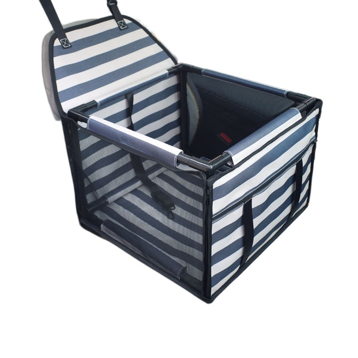 Transportor pentru animale de companie, fabricat din tesatura Oxford, impermeabil si rezistent, usor de asamblat, dimensiuni 39x39x27 cm, cu model in dungi