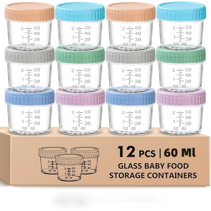 Set 12 Recipient De Stocare bebelusi Excitat@, 60ml, Sticla, Capac Etans, fara BPA, Potrivit pentru Congelator, Microunde, Masina de spalat vase