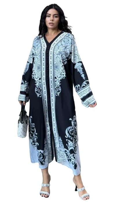 Rochie maxi, MSN Collection, imprimeu, negru, poliester-bumbac