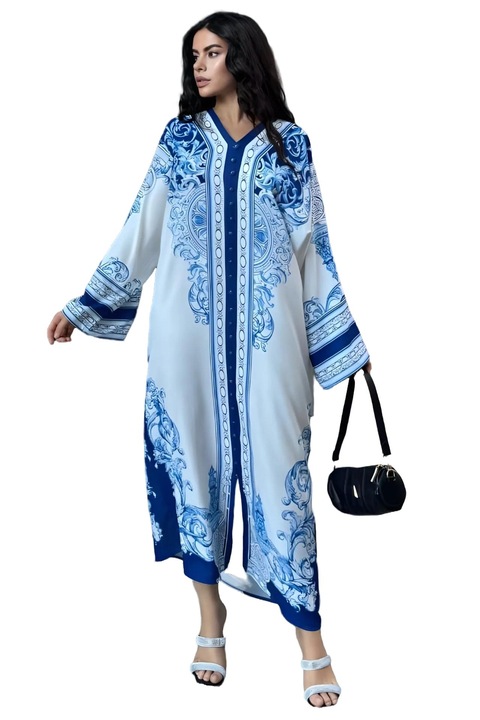 Rochie maxi, MSN Collection, imprimata, albastru, poliester-bumbac-lycra